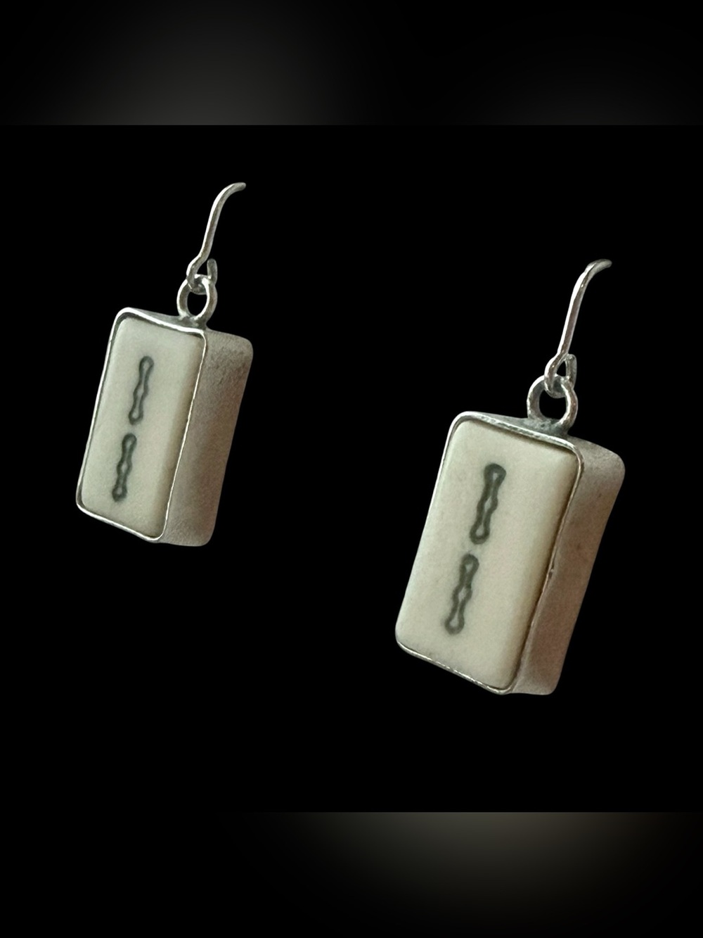 Mahjong Bone Tiles In Sterling Silver Bezel Frames Earrings